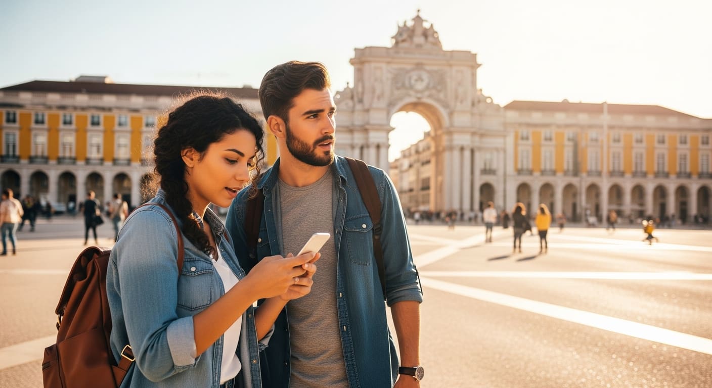 Boy and girl at Praça do Comércio